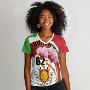 Personalized Burundi Independence Day Women V-Neck T-Shirt Coat Of Arms Bujumbura Flower LT01