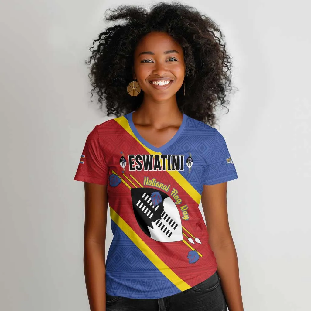 Personalized Happy Swaziland National Flag Day Women V-Neck T-Shirt Nguni Shield Flag Style - African Pattern LT15