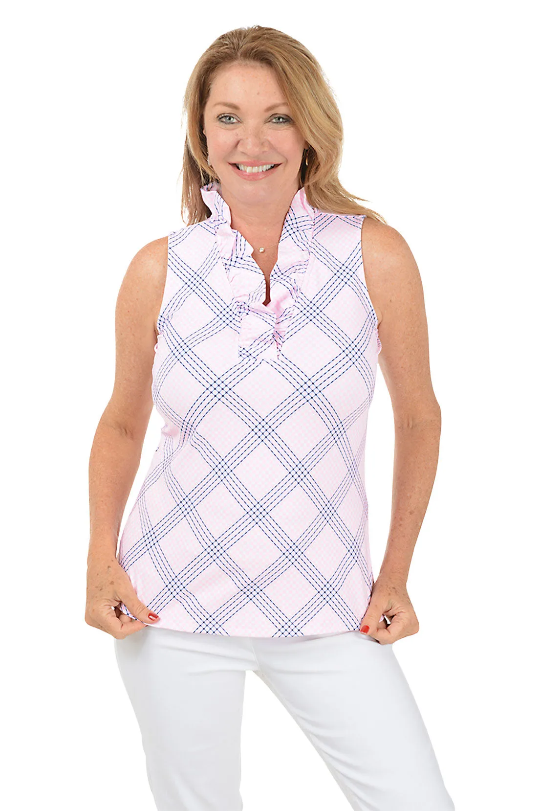 Pink Gingham UPF50  Ruffle Sleeveless Top