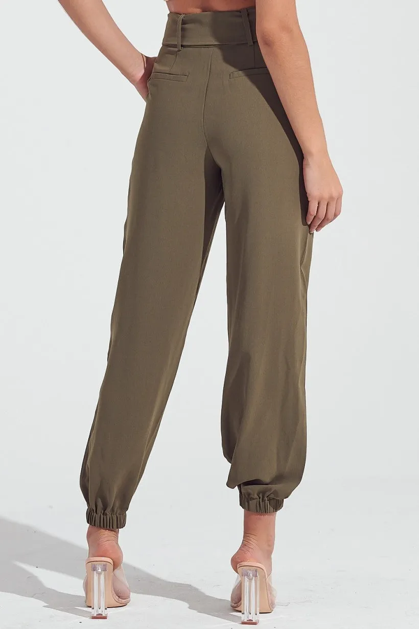 Pleat Front Self Belt 4 Pocket Jogger Style Pants