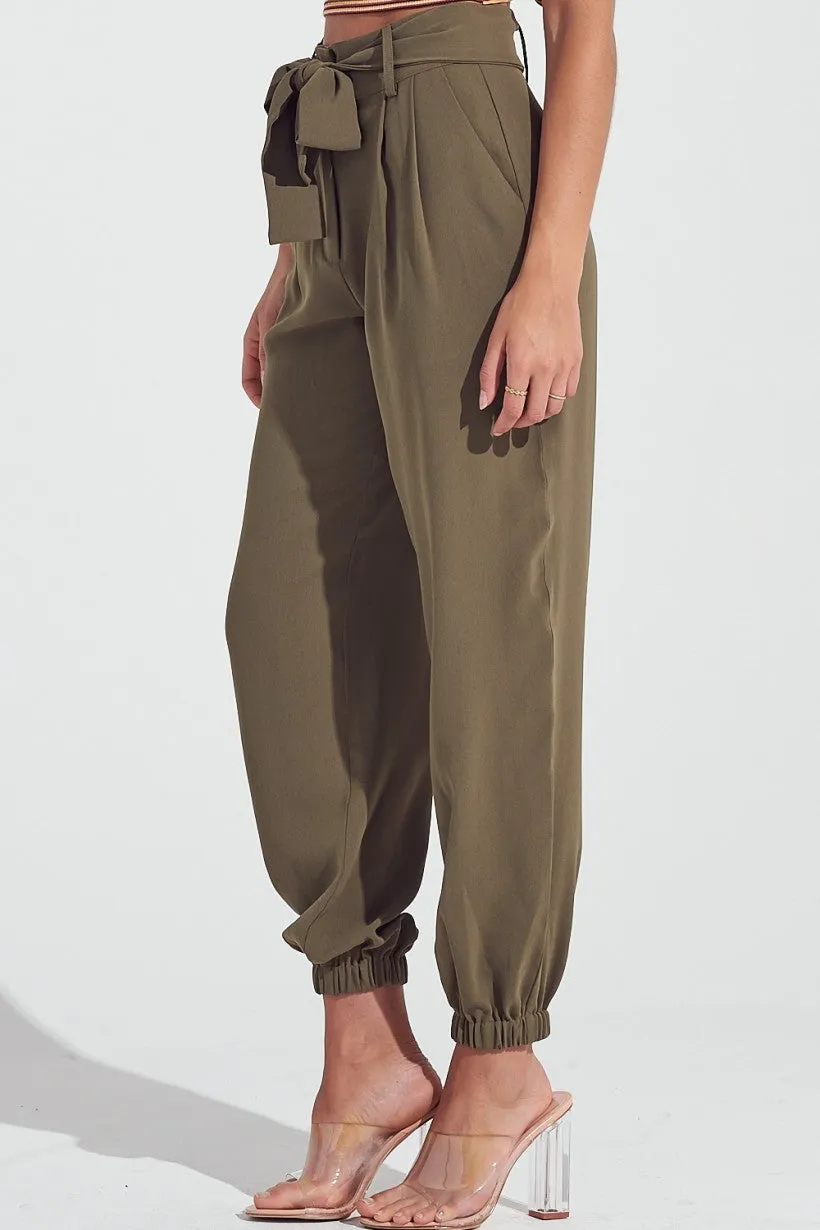Pleat Front Self Belt 4 Pocket Jogger Style Pants