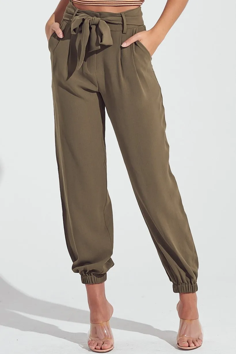 Pleat Front Self Belt 4 Pocket Jogger Style Pants
