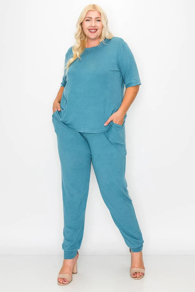 Plus Size Knit Half Sleeve Top and Jogger Pants  BLUE STEAL