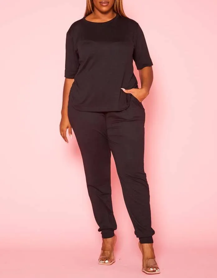 Plus Size Knit Half Sleeve Top and Jogger Pants  BLUE STEAL