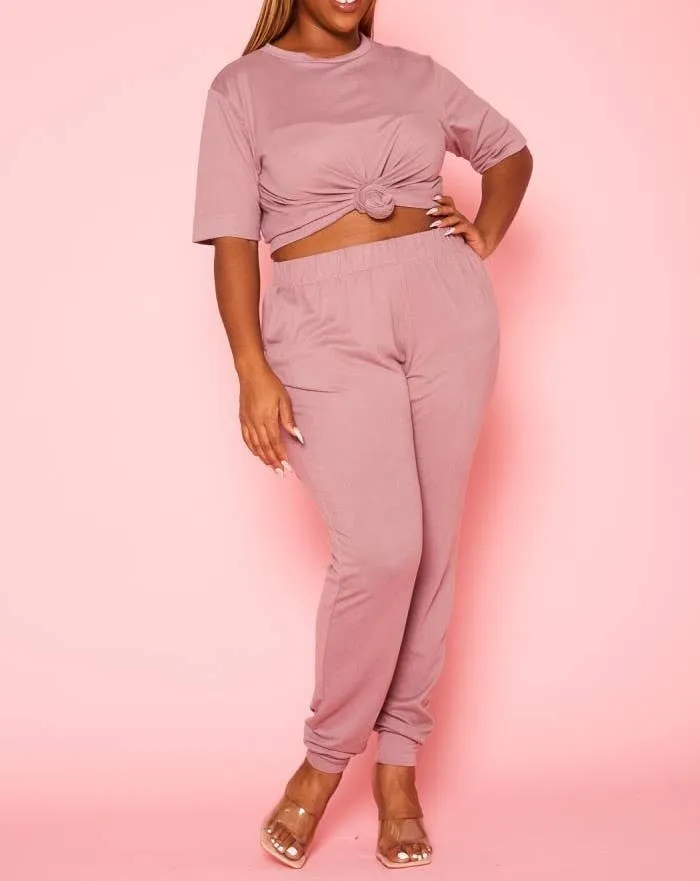 Plus Size Knit Half Sleeve Top and Jogger Pants  BLUE STEAL