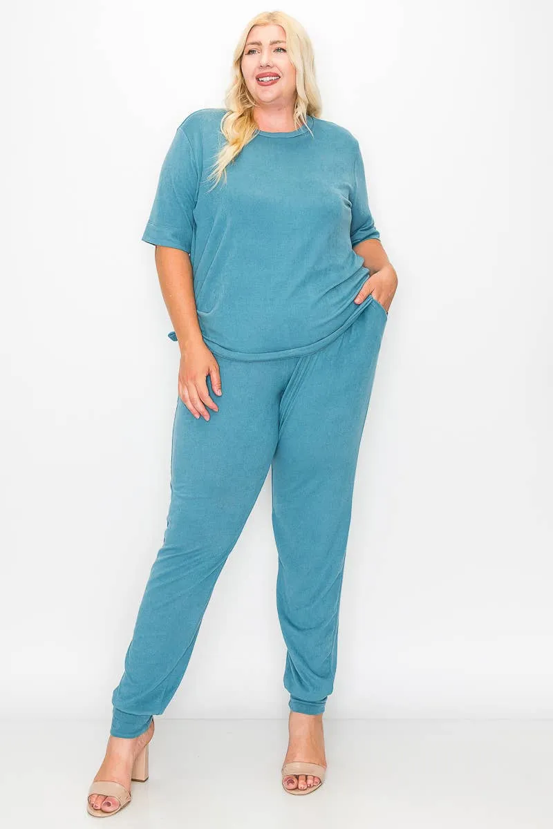 Plus Size Knit Half Sleeve Top and Jogger Pants  BLUE STEAL