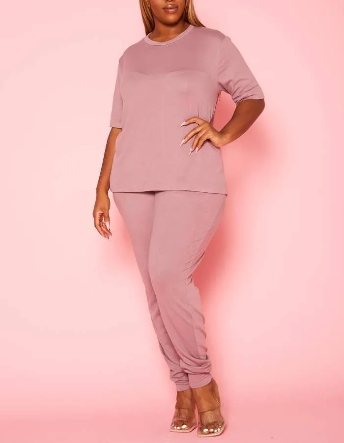 Plus Size Knit Half Sleeve Top and Jogger Pants  BLUE STEAL
