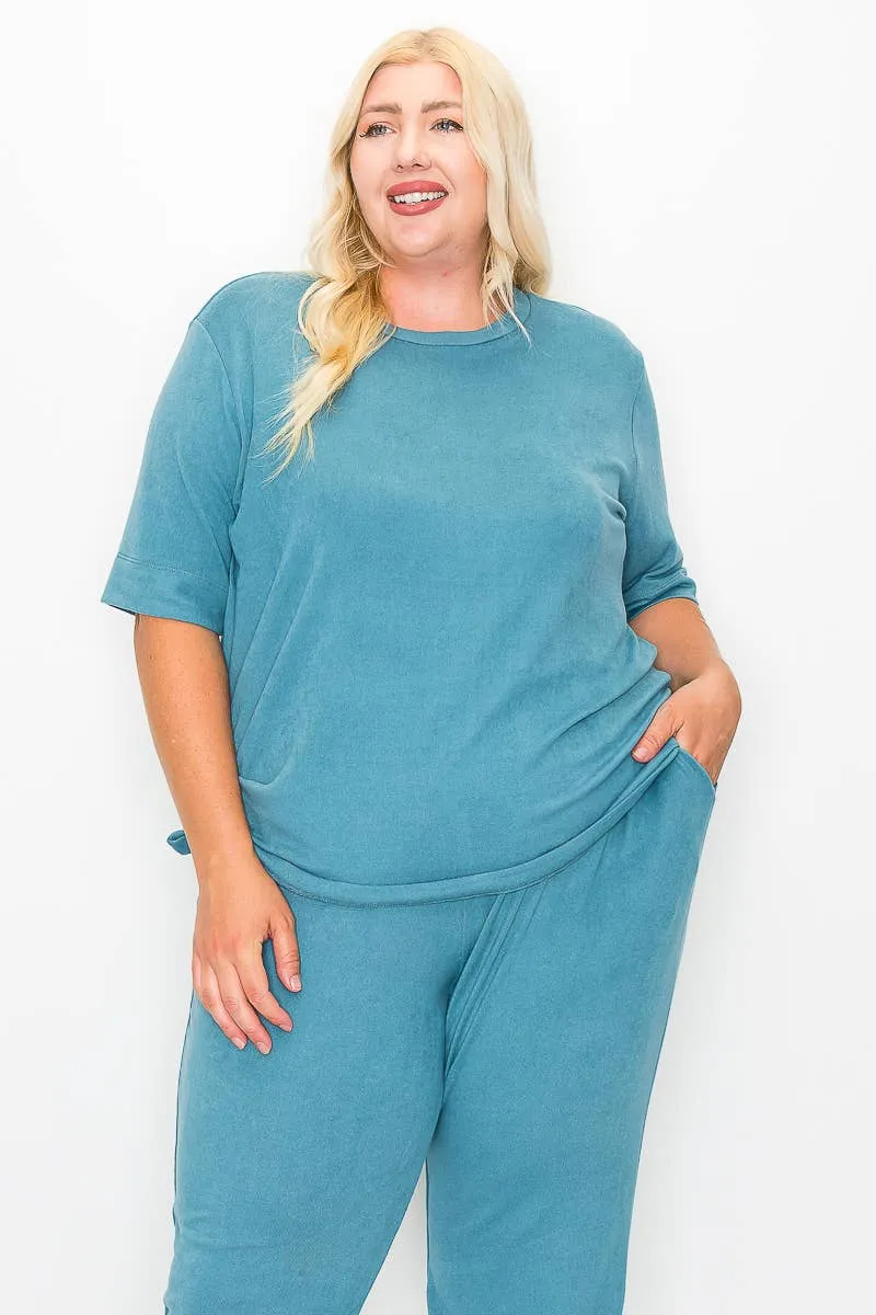 Plus Size Knit Half Sleeve Top and Jogger Pants  BLUE STEAL