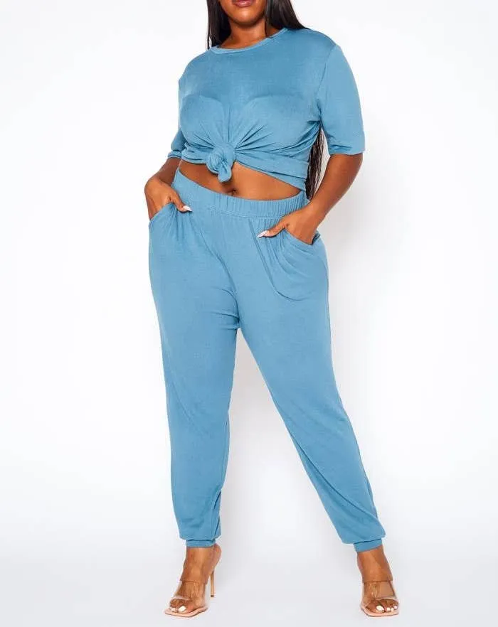 Plus Size Knit Half Sleeve Top and Jogger Pants  BLUE STEAL