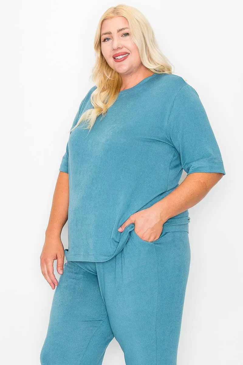 Plus Size Knit Half Sleeve Top and Jogger Pants  BLUE STEAL