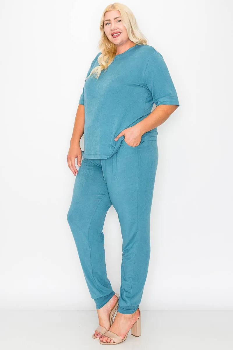Plus Size Knit Half Sleeve Top and Jogger Pants  BLUE STEAL