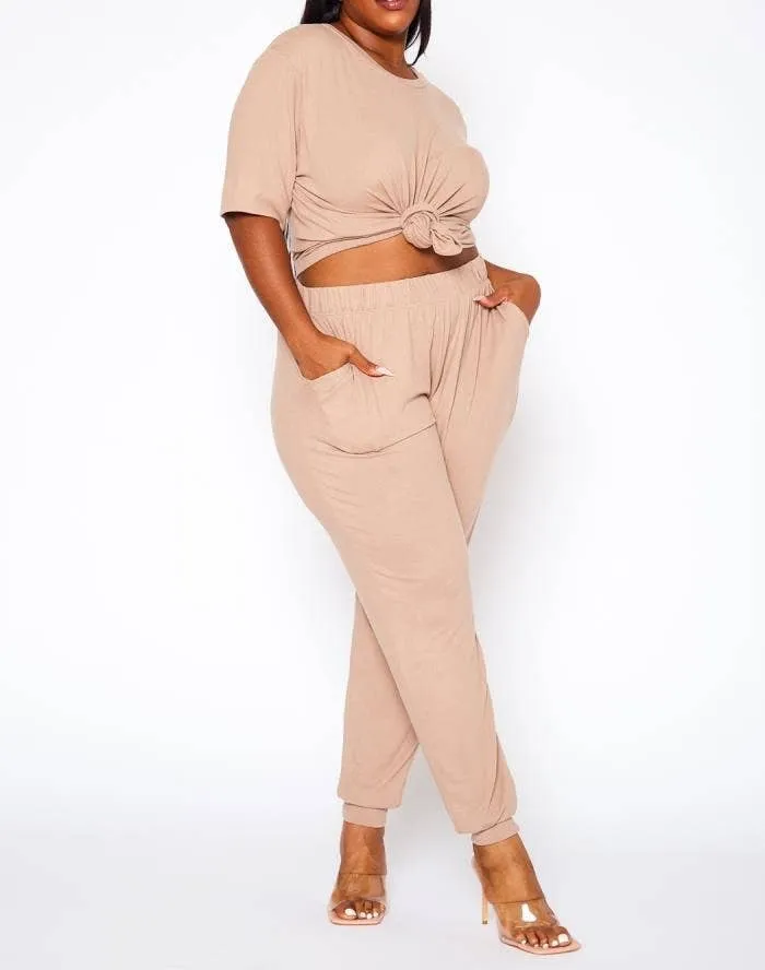 Plus Size Knit Half Sleeve Top and Jogger Pants  BLUE STEAL