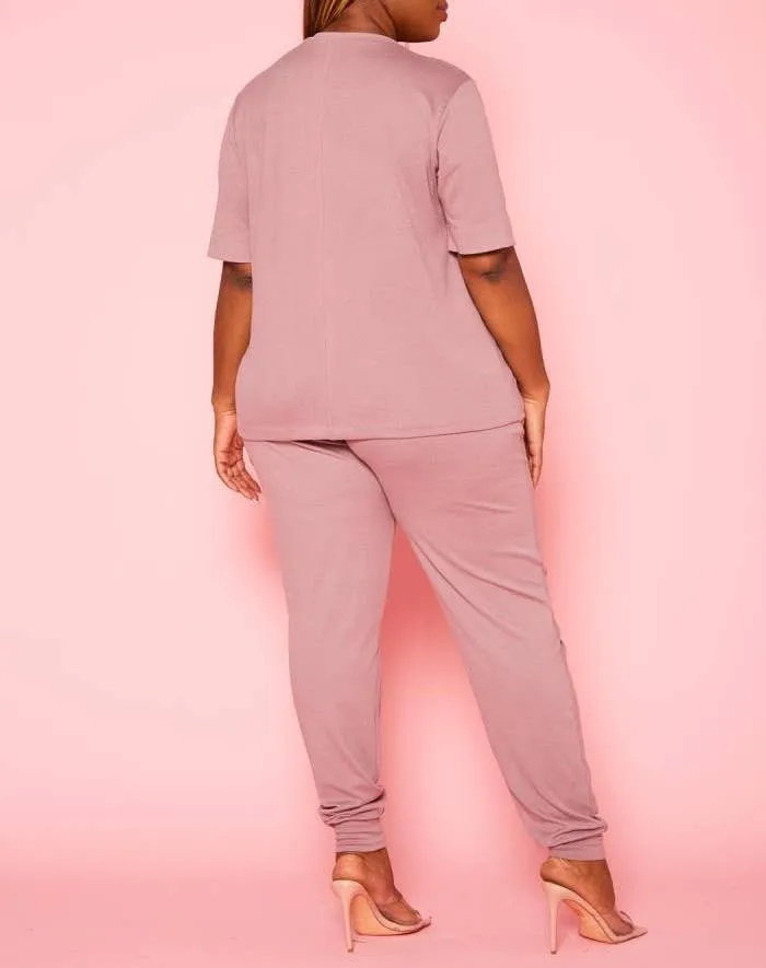 Plus Size Knit Half Sleeve Top and Jogger Pants  BLUE STEAL