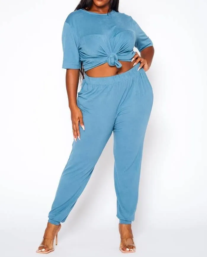 Plus Size Knit Half Sleeve Top and Jogger Pants  BLUE STEAL