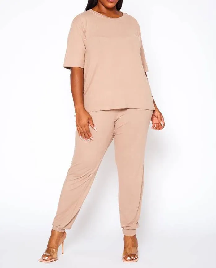 Plus Size Knit Half Sleeve Top and Jogger Pants  BLUE STEAL