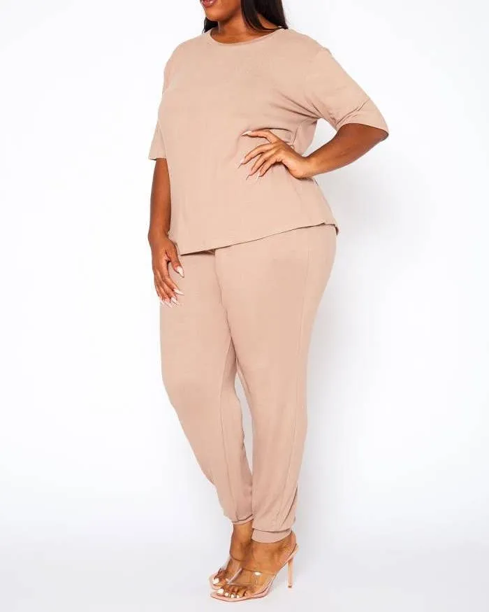 Plus Size Knit Half Sleeve Top and Jogger Pants  BLUE STEAL