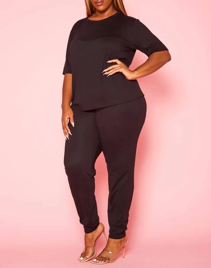Plus Size Knit Half Sleeve Top and Jogger Pants  BLUE STEAL