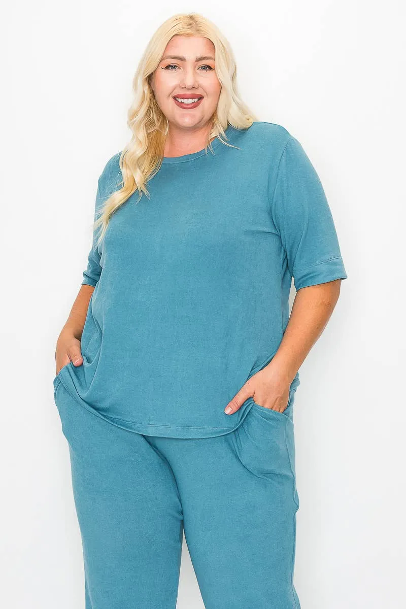 Plus Size Knit Half Sleeve Top and Jogger Pants  BLUE STEAL
