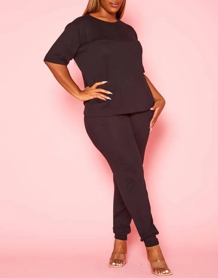 Plus Size Knit Half Sleeve Top and Jogger Pants  BLUE STEAL