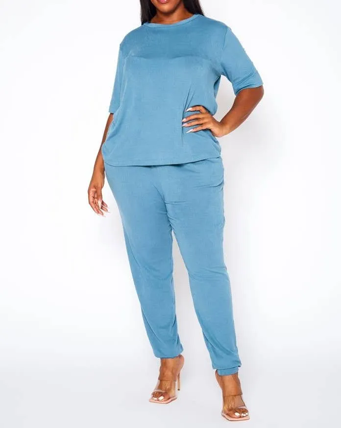 Plus Size Knit Half Sleeve Top and Jogger Pants  BLUE STEAL