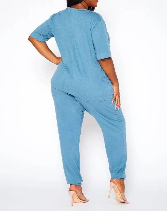 Plus Size Knit Half Sleeve Top and Jogger Pants  BLUE STEAL