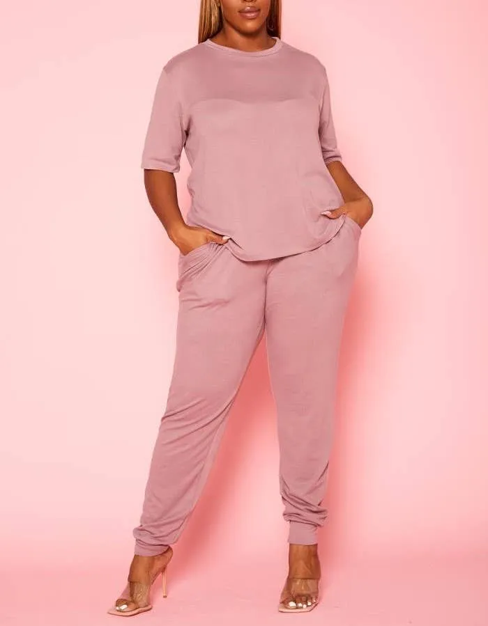 Plus Size Knit Half Sleeve Top and Jogger Pants  BLUE STEAL