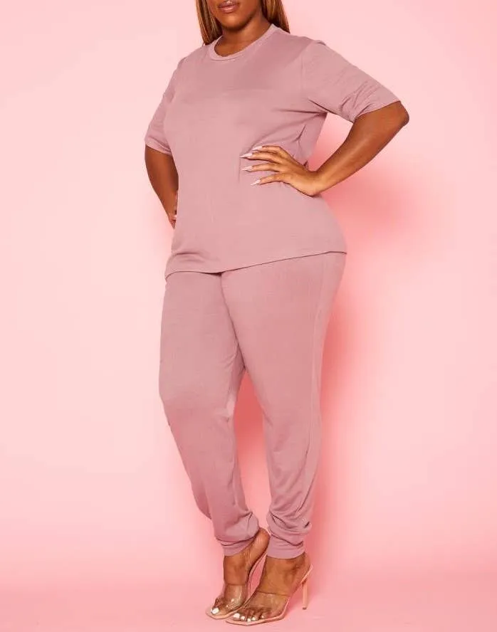 Plus Size Knit Half Sleeve Top and Jogger Pants  BLUE STEAL