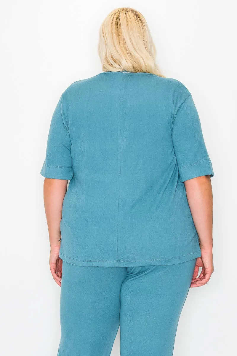 Plus Size Knit Half Sleeve Top and Jogger Pants  BLUE STEAL