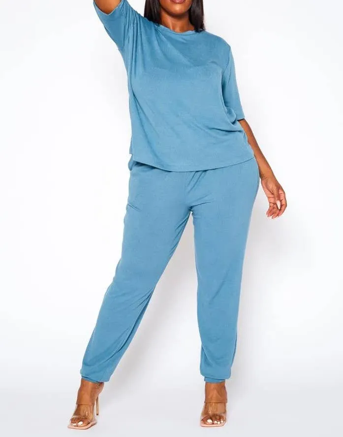 Plus Size Knit Half Sleeve Top and Jogger Pants  BLUE STEAL
