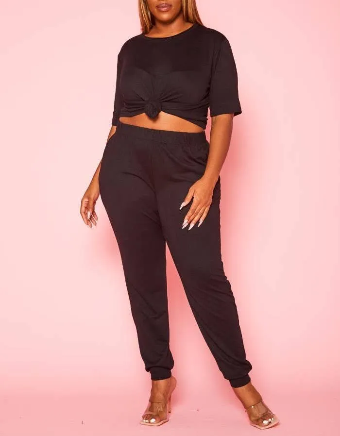 Plus Size Knit Half Sleeve Top and Jogger Pants  BLUE STEAL