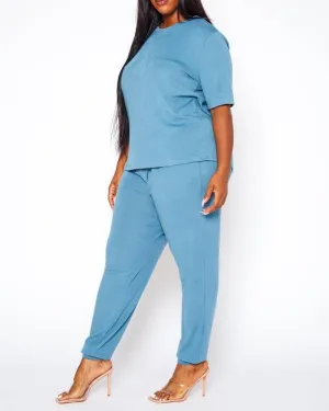 Plus Size Knit Half Sleeve Top and Jogger Pants  BLUE STEAL