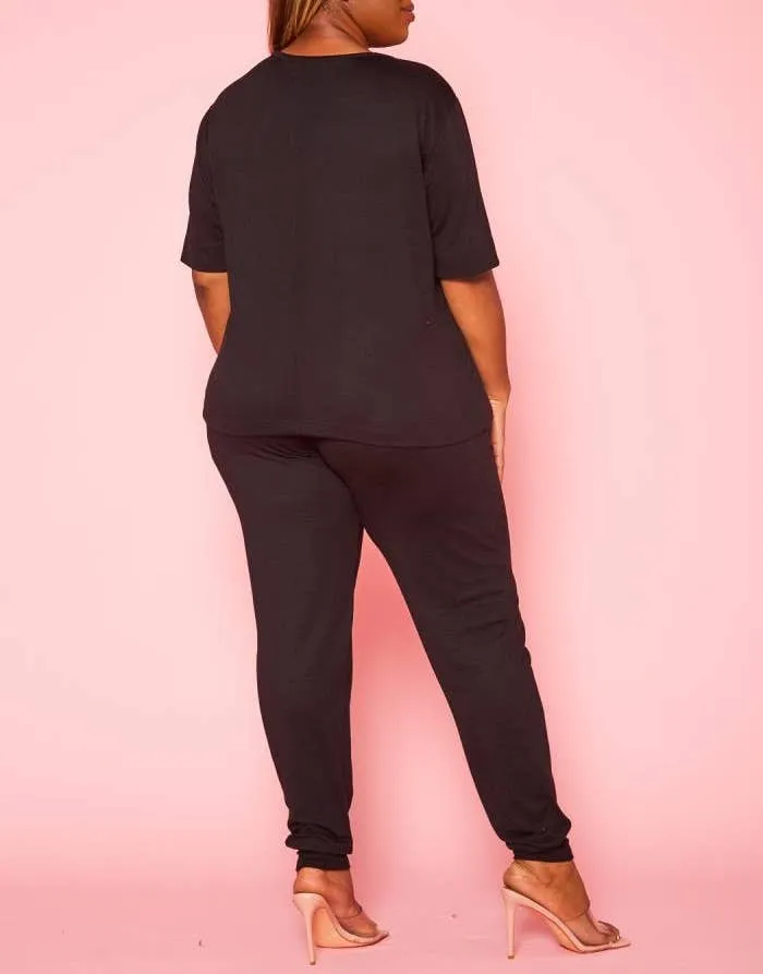 Plus Size Knit Half Sleeve Top and Jogger Pants  BLUE STEAL