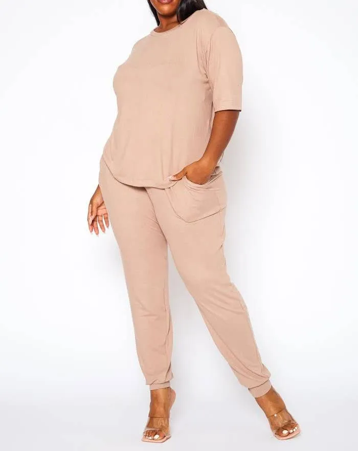 Plus Size Knit Half Sleeve Top and Jogger Pants  BLUE STEAL