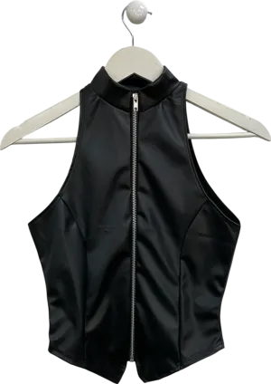 PrettyLittleThing Black Faux Leather Zip Up High Neck Top UK 6