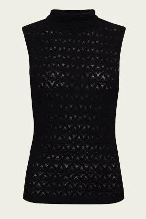 Puckered Lace Sleeveless Mockneck in Black
