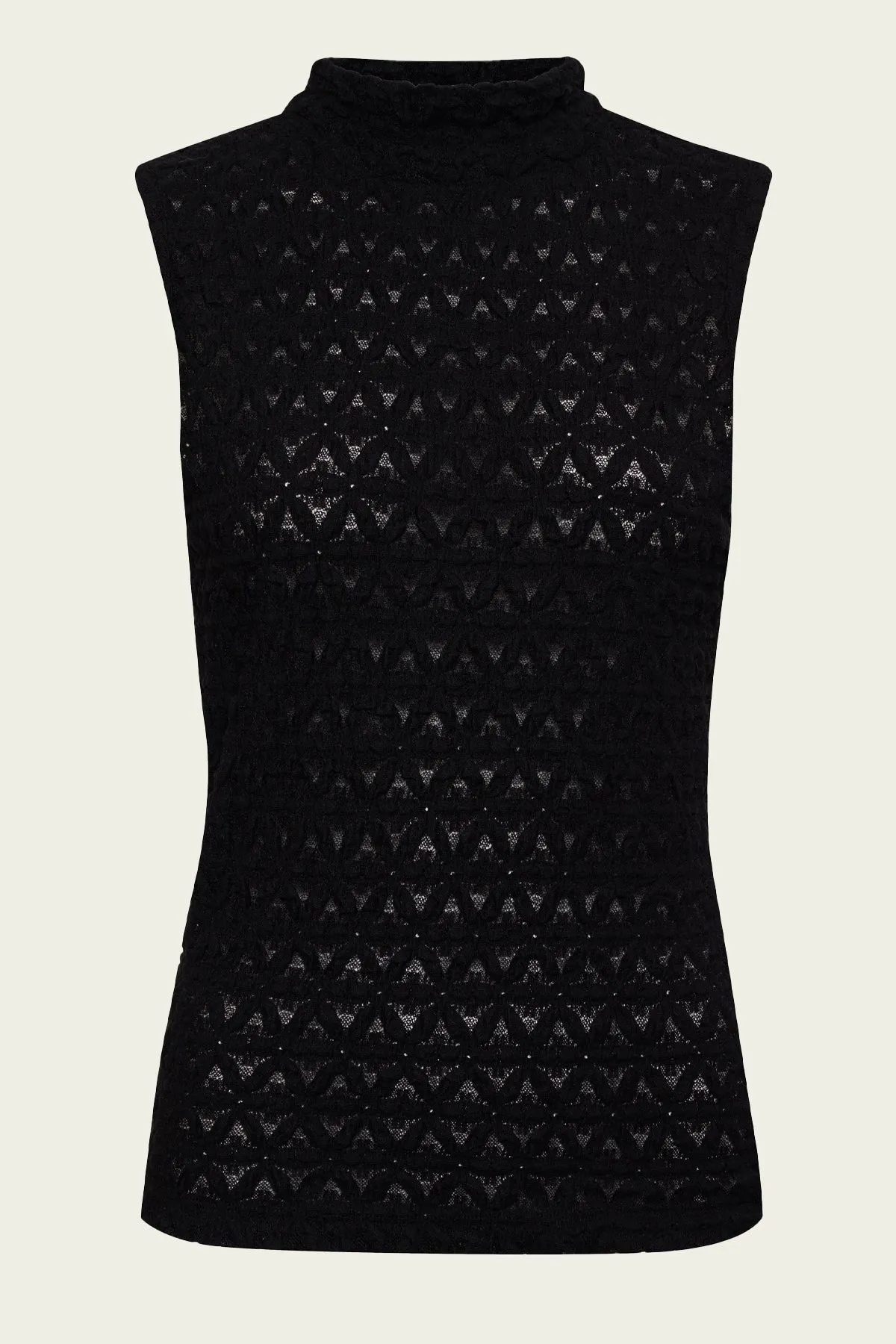 Puckered Lace Sleeveless Mockneck in Black