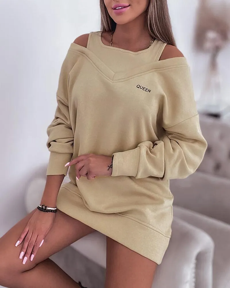 Queen Print Fake Two Piece Long Sleeve Casual Dress