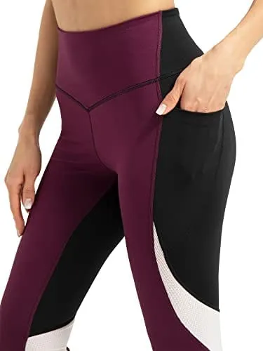 QUEENIEKE Women Yoga Pants Blocking Mesh Workout Running Leggings Tights with Pockets XS Dark Rose Red