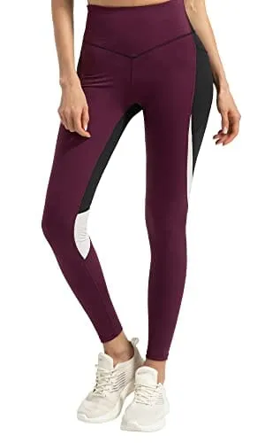 QUEENIEKE Women Yoga Pants Blocking Mesh Workout Running Leggings Tights with Pockets XS Dark Rose Red