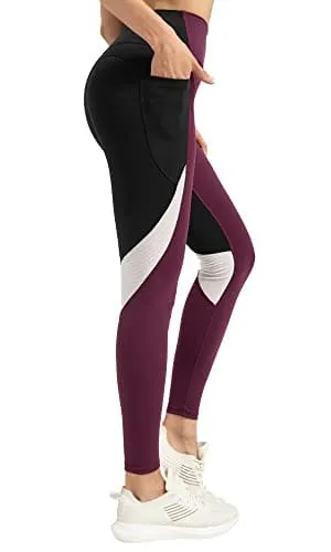 QUEENIEKE Women Yoga Pants Blocking Mesh Workout Running Leggings Tights with Pockets XS Dark Rose Red