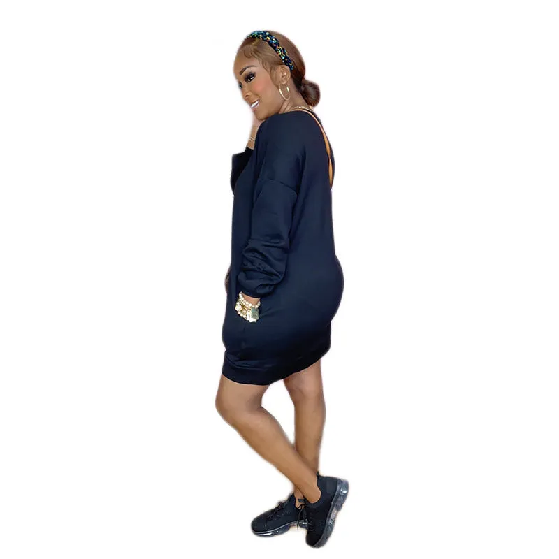 Relaxed Long-Sleeve Sweatshirt Dress with Functional Pockets