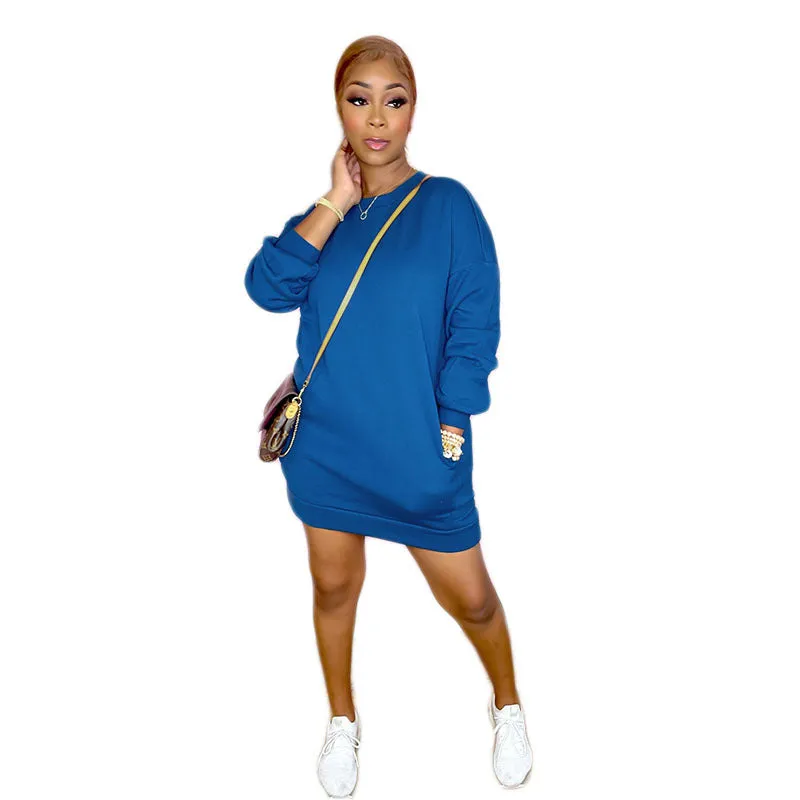 Relaxed Long-Sleeve Sweatshirt Dress with Functional Pockets