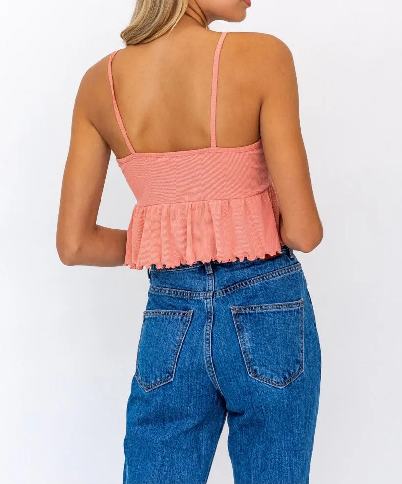 Rib Ruffle Hem Ruch Crop Top
