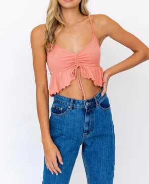 Rib Ruffle Hem Ruch Crop Top