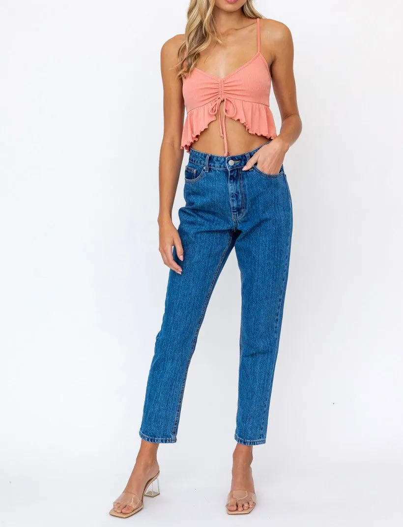 Rib Ruffle Hem Ruch Crop Top