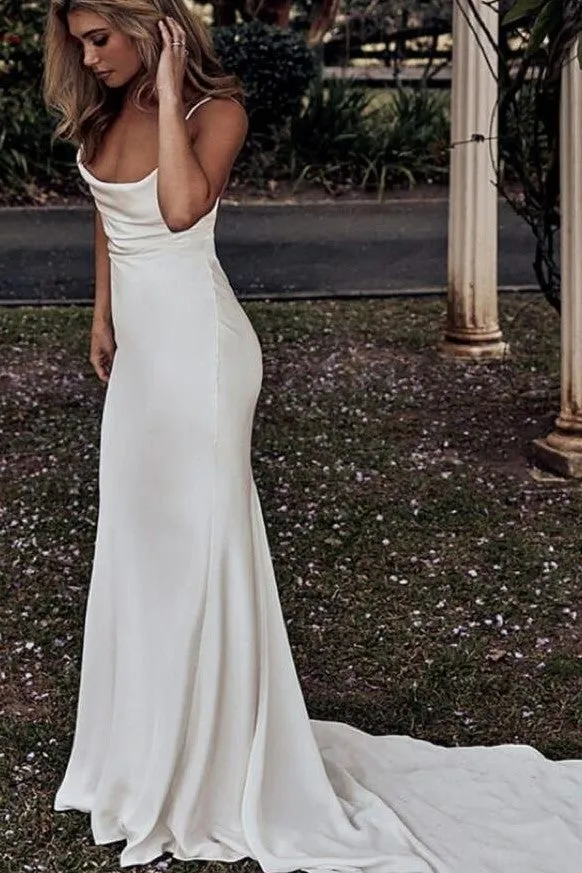 Ruching Square Neck Outdoor Wedding Gown with Sweep Train