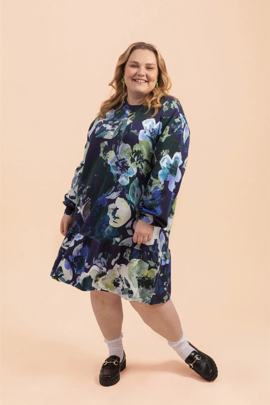 Ruffle Sweatshirt Dress, Blue Anemone