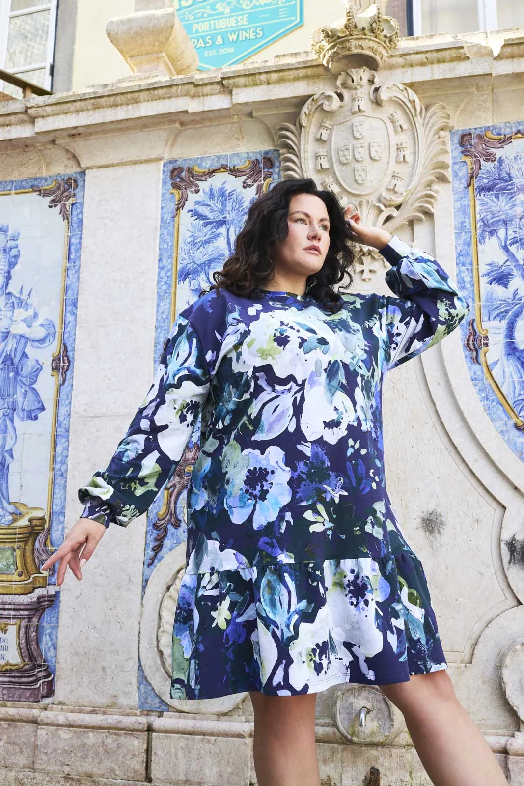 Ruffle Sweatshirt Dress, Blue Anemone