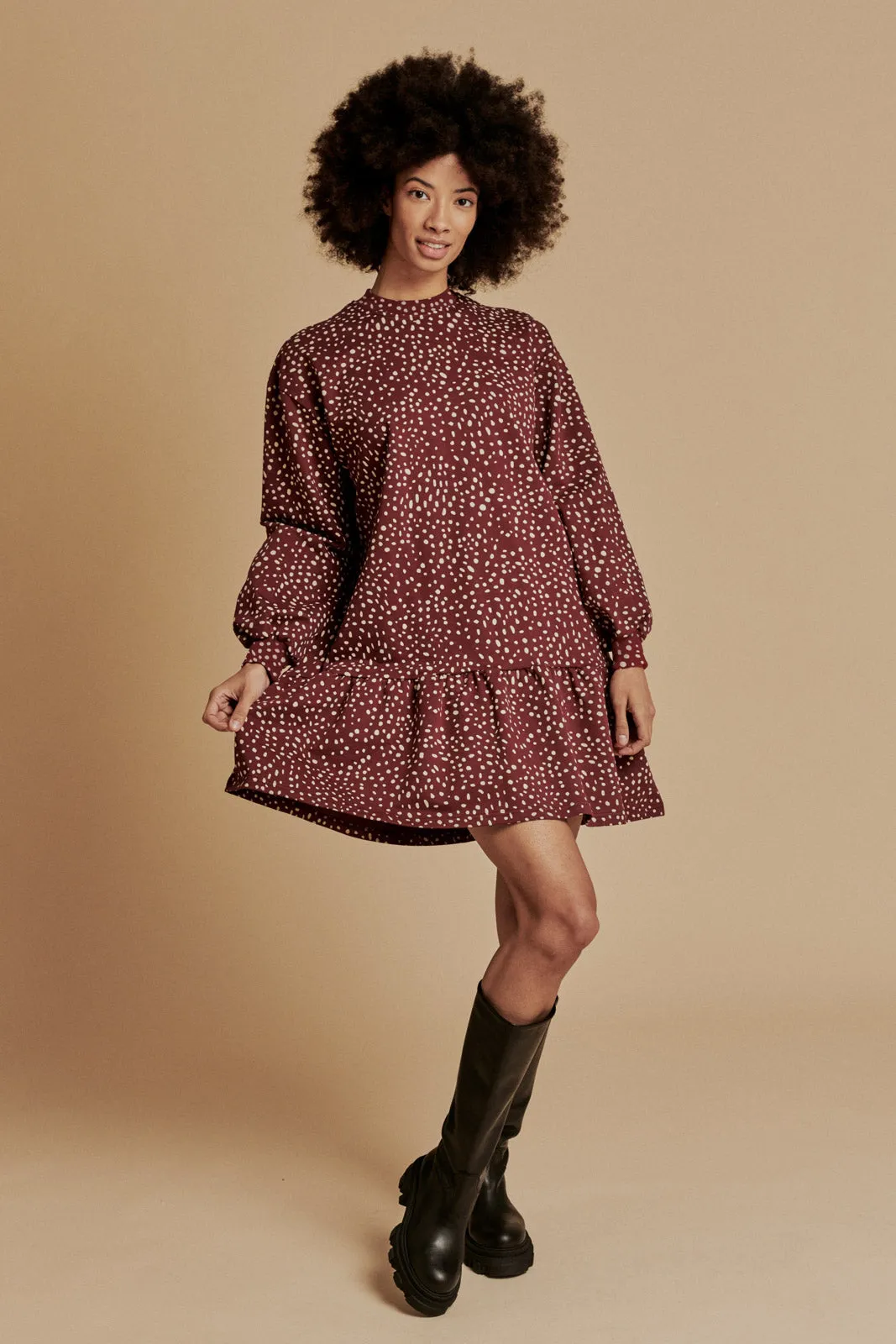 Ruffle Sweatshirt Dress Wild Dots Burgundy