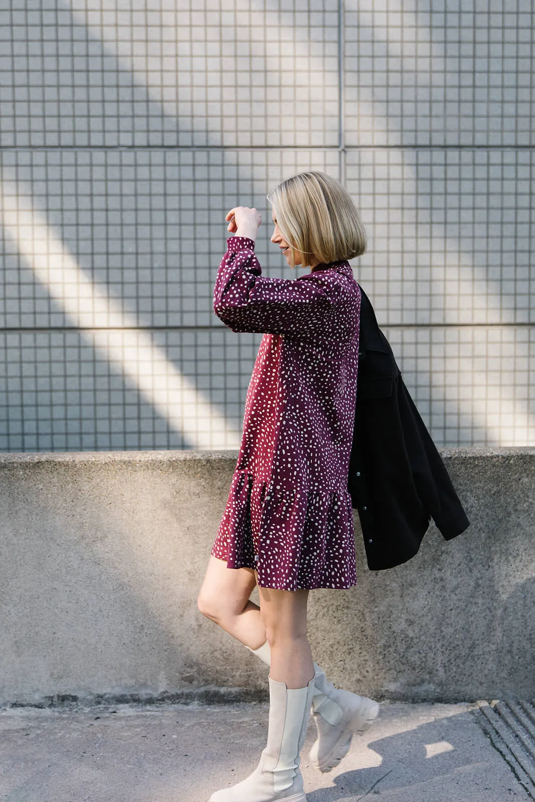 Ruffle Sweatshirt Dress Wild Dots Burgundy